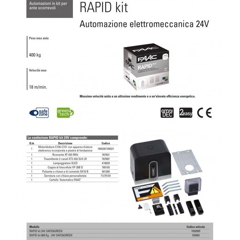 FAAC RÁPIDO KIT 400kg Automatización Puerta...